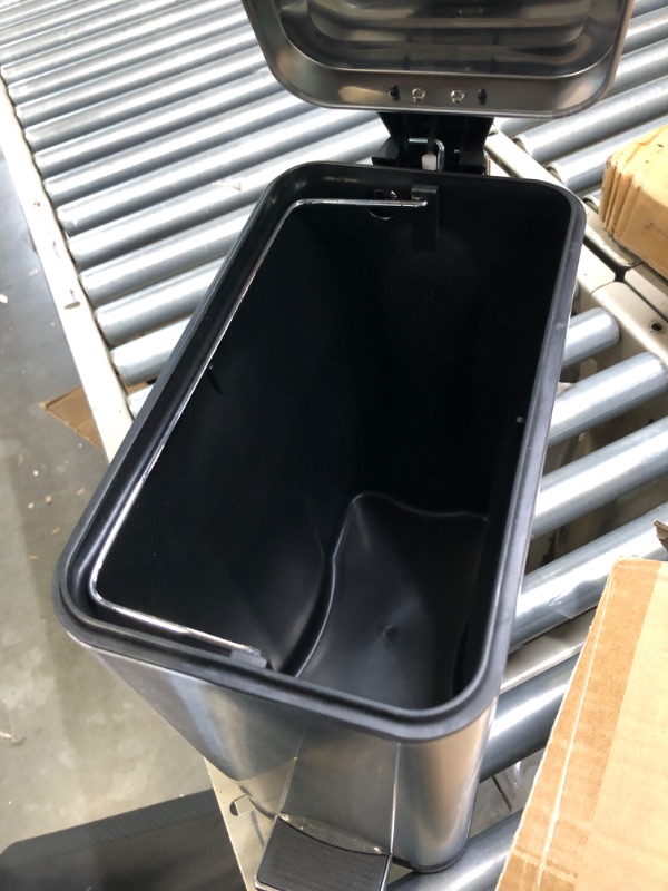 Photo 1 of mDesign Slim Metal Rectangle 2.6 Gallon Trash Can with Step Pedal, Easy-Close Lid, Removable Liner - Narrow Wastebasket Garbage Container Bin for Bathroom, Bedroom, Kitchen, Office - Brushed Chrome Brushed 2.6 Gallon