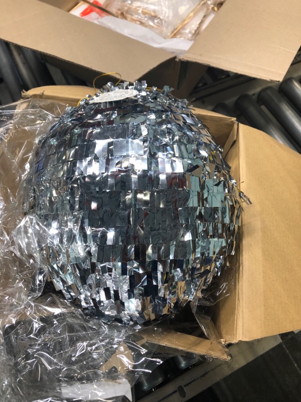 Photo 3 of 11.8 Inch Silver Disco Ball Pinata with 1 Pinata Bat 1 Blindfold 1 Bag of Confetti and 20 Small Mirror Balls for Disco Themed Birthday Wedding Party Supplies