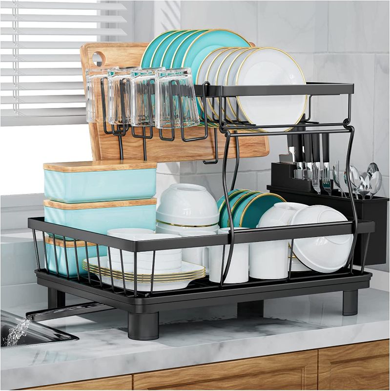 Photo 1 of 7 code 2-Tier Dish Drying Rack for Kitchen Counter,Detachable Large Capacity Dish Drainer Organizer with Utensil Holder, Drain Board,Black
