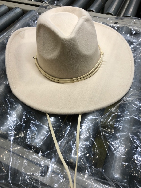 Photo 3 of Women Men Retro Felt Wide Brim Western Cowboy Cowgirl Hat Dress Up Hat with Wind Lanyard