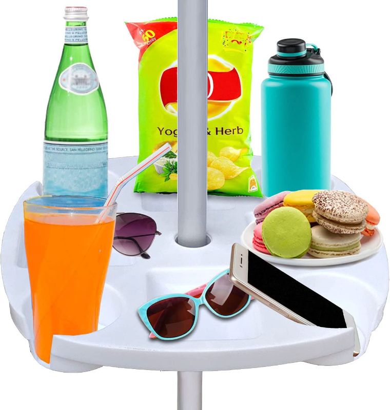 Photo 1 of 17" Beach Umbrella Table Tray with 4 Cup Holders, 4 Snack Compartments for Beach, Patio, Garden, Swimming Pool 17 Inch, White