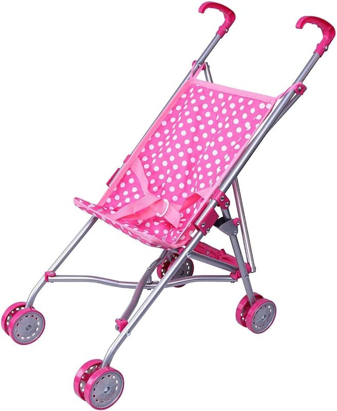 Photo 1 of Precious Toys Pink and White Polka Dots Umbrella Doll Stroller with Hot Pink Handles and Silver Frame - 0128B
