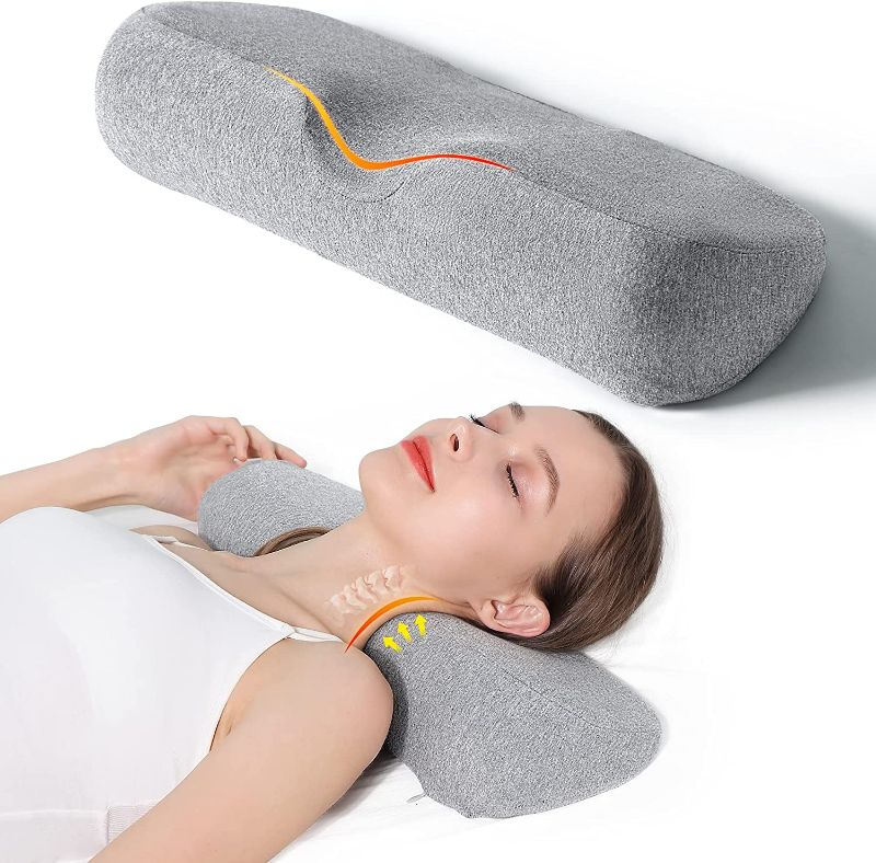 Photo 1 of Cervical Neck Pillow for Sleeping, Memory Foam Pillow Neck Bolster Pillow for Stiff Neck Pain Relief, Neck Support Pillow Cervical Pillows for Pain Relief Sleeping Bed Pillow(Light Grey)
