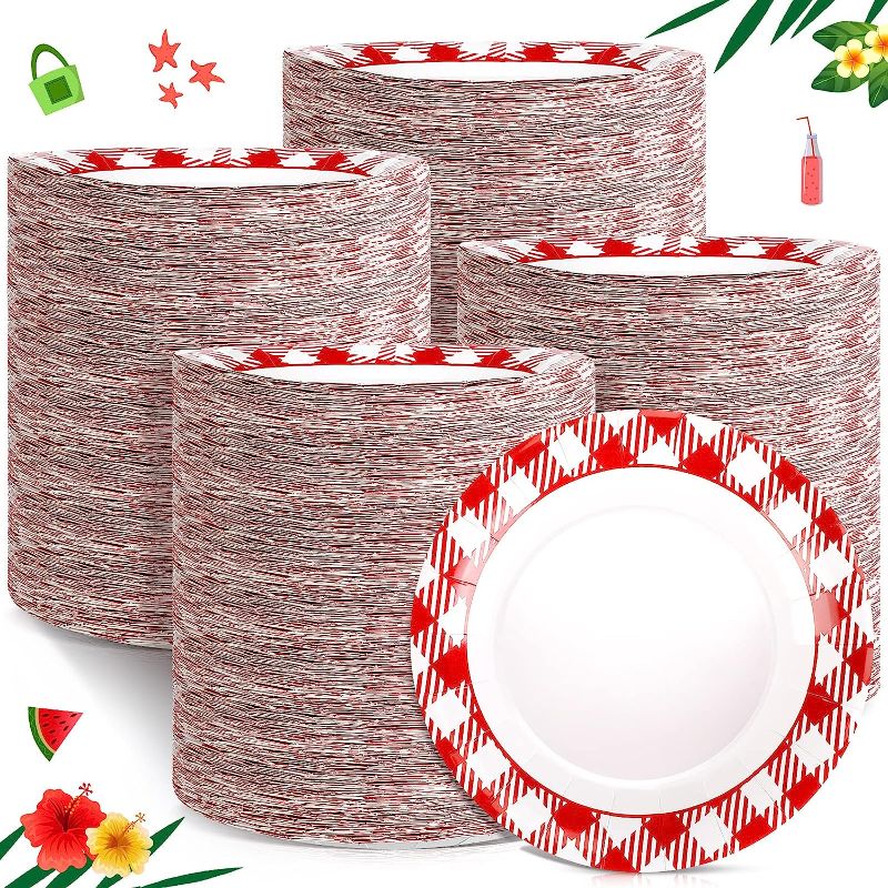 Photo 1 of 500 Pcs Disposable Round Paper Plates Bulk 10 Inch Red and White Gingham Plates Checkered Picnic Paper Dishs Red Plaid Summer Plates Oval Dessert Plates Cut Proof for Home Picnic Party Everyday Use
