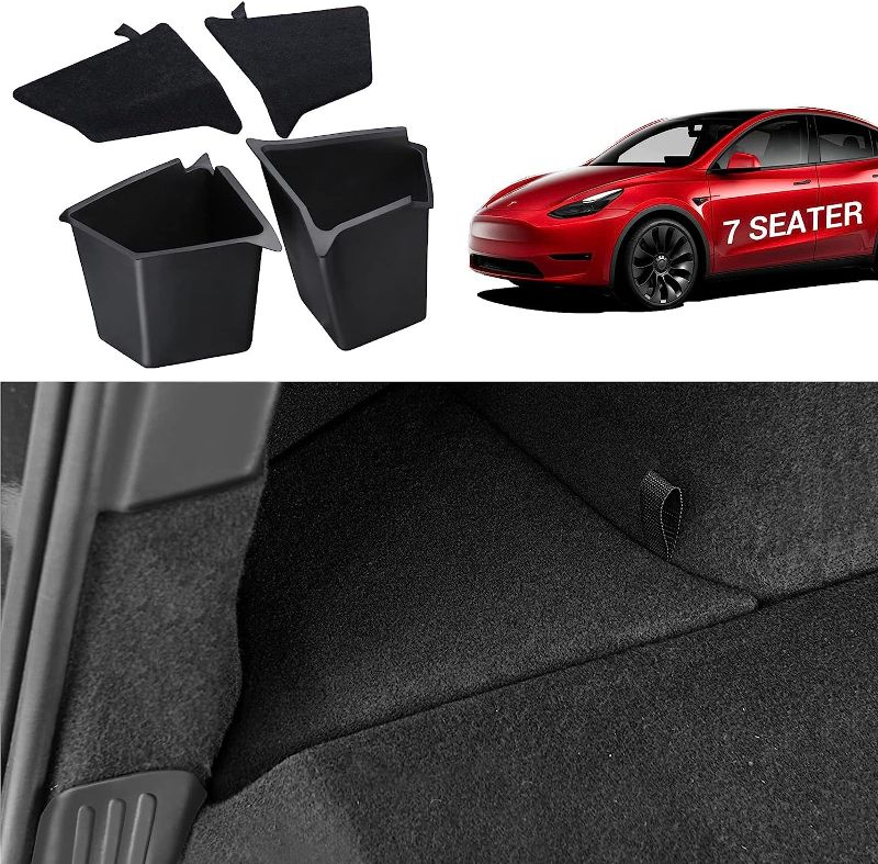 Photo 1 of Basenor Tesla Model Y Trunk Organizer Waterproof Rear Storage Bins Side Box with Carpeted Lip Interior Accessories for Model Y 7-Seater 2021-2023 (Set of 2)
