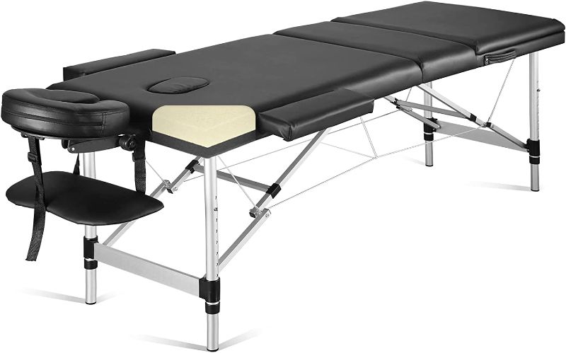 Photo 1 of Careboda Portable Massage Table Professional Massge Bed 3 Fold 82 Inches Height Adjustable for Spa Salon Lash Tattoo with Aluminum Legs Carrying Bag Accessories Black
