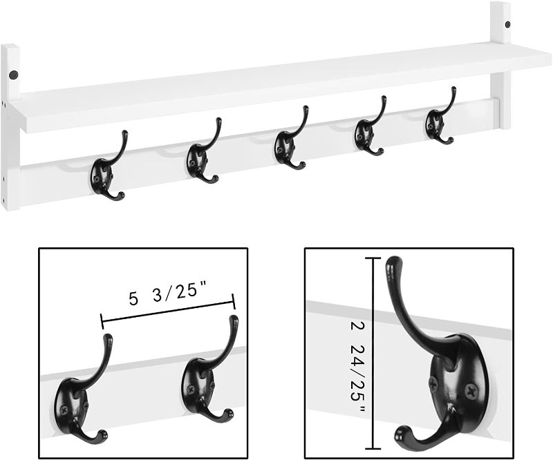 Photo 1 of BAMEOS Wall Hooks with Shelf 28.9 Inch Length Entryway Wall Hanging Shelf Wood Coat Hooks for Wall with Shelf Wall-Mounted Coat Hook Rack with 5 Dual Hooks for Bathroom, Living Room, Bedroom ?White