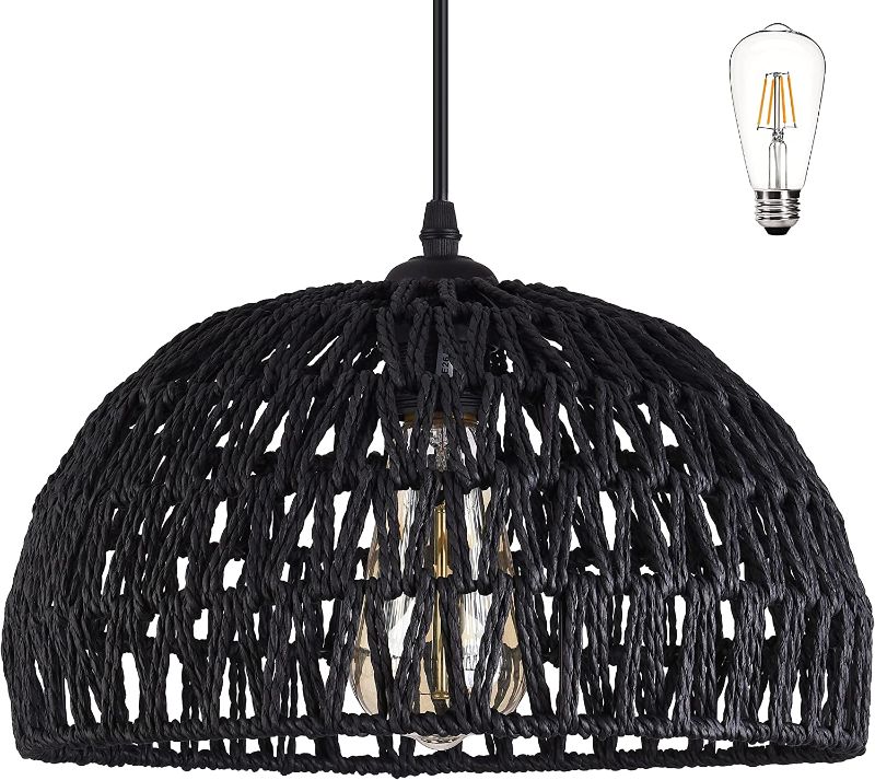 Photo 1 of Black Woven Pendant Light Boho Chandelier Dome Rustic Farmhouse Chandelier Wicker Pendant Light Rattan Light Fixture for Dining Room Living Room Bedroom Kitchen Island Foyer(Bulb Included)