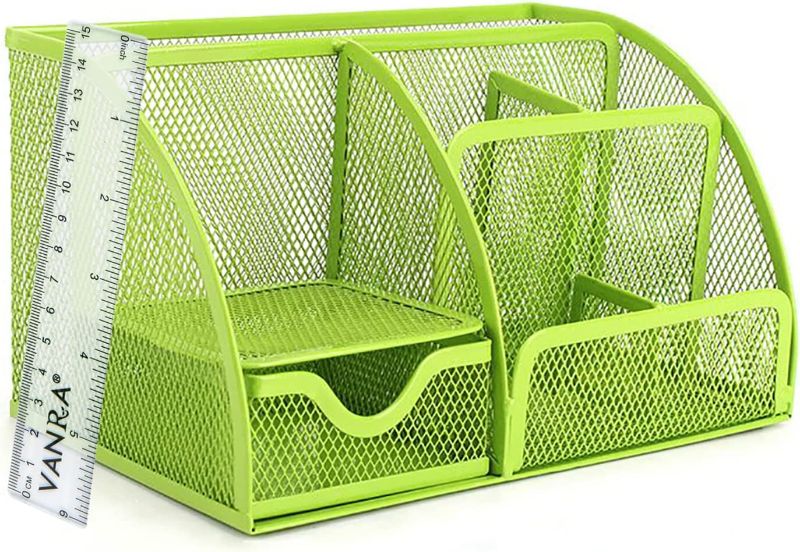 Photo 1 of VANRA Office Supply Caddy Mesh Desk Organizer School Supply Holder 6 Compartments with Drawer (Green)