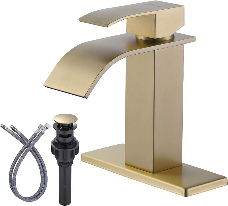 Photo 3 of ARCORA Brushed Gold Bathroom Faucet Waterfall Spout Faucet for Bathroom Sink Single Handle Mixer Tap Lavatory Vanity Sink Faucet with Deck Plate and Pop Up Drain, 1 or 3 Hole