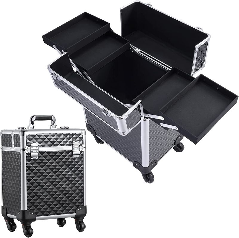 Photo 1 of Mecucasi Rolling Makeup Train Case Large Cosmetic Trolley Organized Aluminum Barber Case for Hairstylist Makeup Nail Tech Salon with Keys Swivel Wheels Traveling Cart Trunk - Black