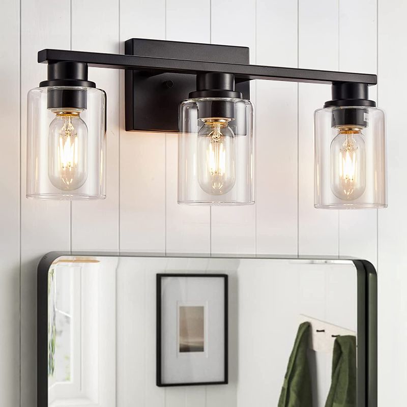 Photo 1 of Atocif Bathroom Light Fixtures, 3 Light Bathroom Vanity Light, Farmhouse Wall Sconces with Cylinder Glass Shade, Black Vanity Lights for Living Room