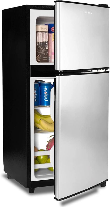 Photo 1 of Anukis Compact Refrigerator 3.5 Cu Ft 2 Door Mini Fridge with Freezer For Apartment, Dorm, Office, Family, Basement, Garage, Silver