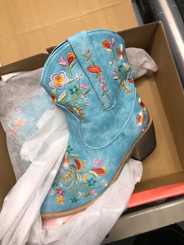 Photo 1 of heelchic Women Vintage Flower Embroidered Cowgirl Boots Retro Short Western Ankle Boots… 6 Blue