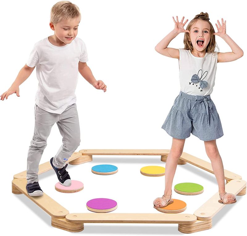 Photo 1 of Costzon Monterssori Wooden Balance Beam & Step Stones, Kids Gymnastics Obstacle Course Balance Board Toy Playset for Coordination, Gross Motor Skills