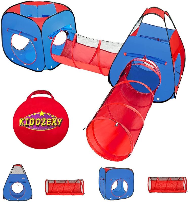 Photo 1 of Kiddzery 4pc Kids Play tent Pop Up Ball Pit - 2 Tents + 2 Crawl Tunnels - Children Tent for Boys & Girls, Kids Toddlers & Baby, Large Playhouse For Indoor & Outdoor With Carrying Case, Great Gift Idea
