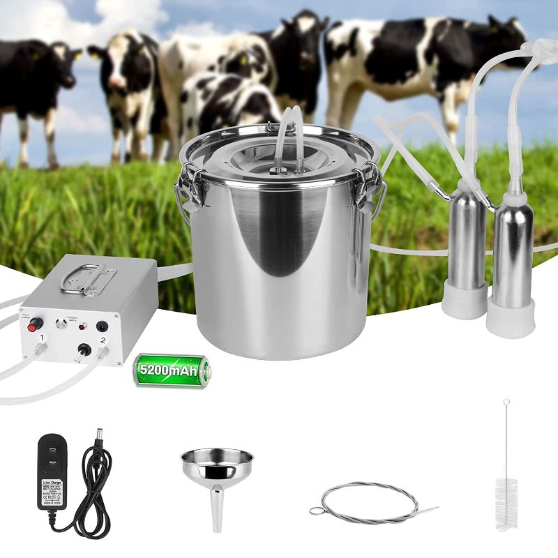 Photo 1 of 5L Cow Milking Machine, Electric Pulsation Milking Machine for Cow?Rechargeable Battery Powered Speed Portable Pulsation Vacuum Pump with Auto Stop Check Valve(5L Cow-5200mAh Battery)