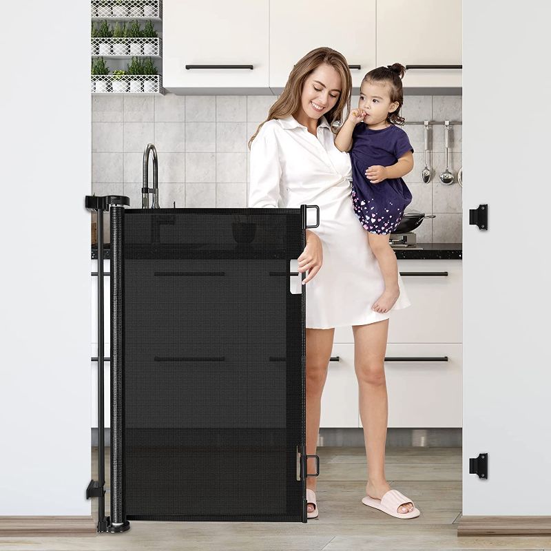 Photo 1 of 42-Inch Extra Tall Baby Gate 56" Wide Tall Dog Gate Retractable Baby Gates Adjustable Dog Gates for The House Indoor and Outdoor Pet Gate Mesh Baby Gate for Stairs, Doorways, Hallways, Black