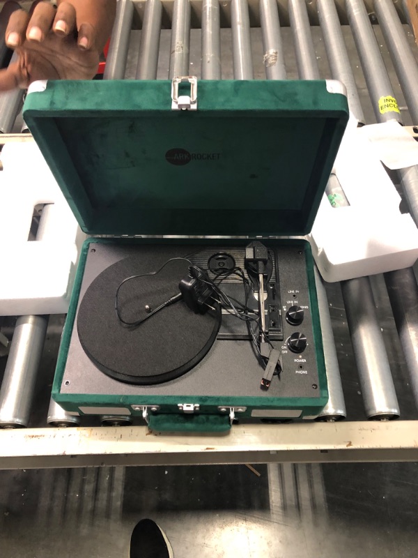 Photo 2 of Arkrocket Curiosity Bluetooth Turntable Retro Suitcase 3-Speed Record Player with Built-in Speakers (Dark Green Velvet)