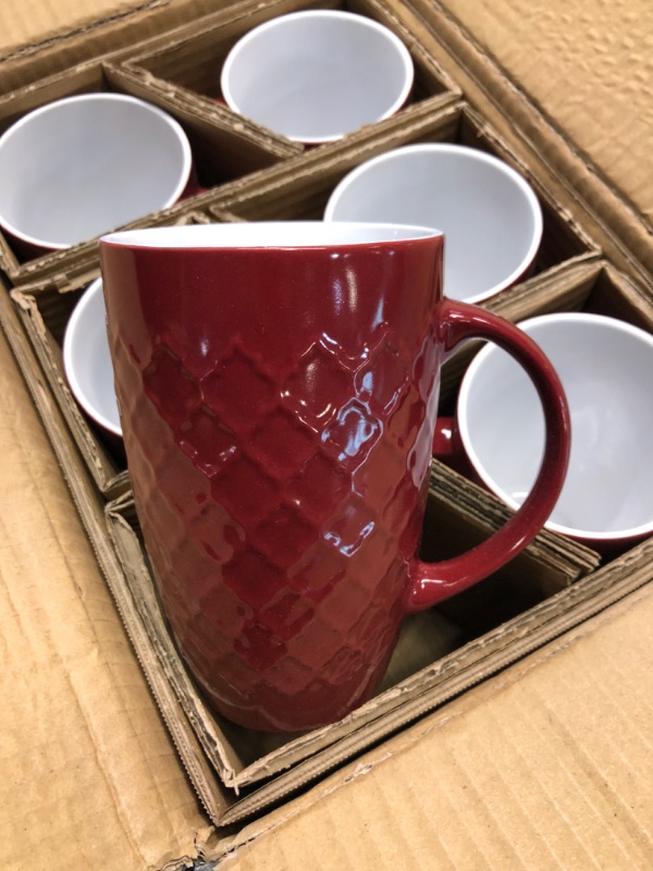 Photo 4 of AmorArc Extra Large Coffee Mugs Set of 6, 20oz Ceramic Tall Coffee Mugs with Textured Geometric Patterns for Latte/Tea/Beer/Hot Cocoa, Dishwasher & Microwave Safe, Burgundy