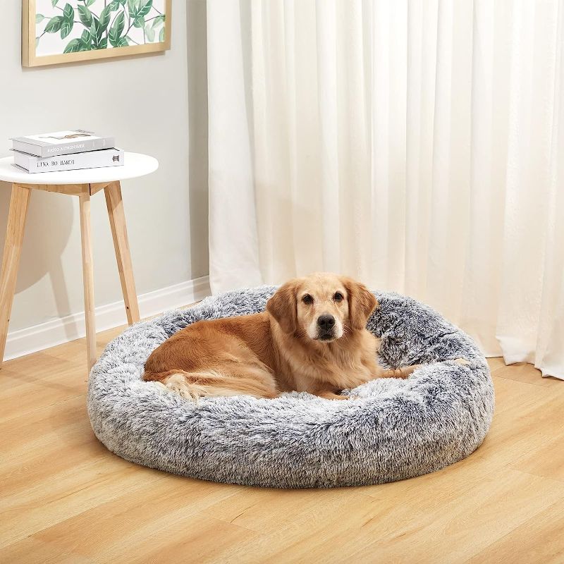 Photo 1 of Bedfolks Calming Donut Dog Bed, 36 Inches Round Fluffy Dog Beds for Large Dogs, Anti-Anxiety Plush Dog Bed, Machine Washable Pet Bed (Dark Grey, Large)
