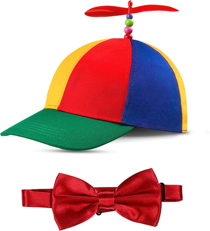 Photo 1 of Jeyiour 3 Pcs Child Propeller Hat Helicopter Top Hat Rainbow Striped Socks Adjustable Rainbow Bow Tie Rainbow Costume Set for Toddler Kids Little Boys Girls Baby Costumes