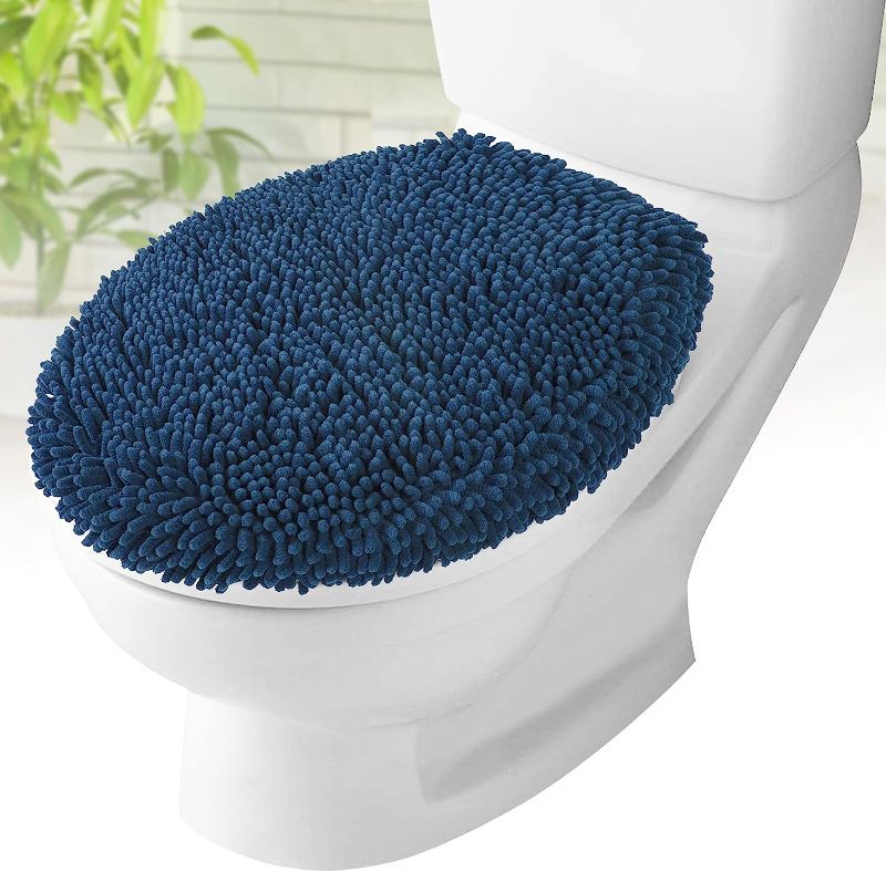 Photo 1 of  Plush Shaggy Standard Toilet Seat Lid Cover (Dark Blue) | Fuzzy Chenille Microfiber, Fluffy Soft Absorbent - Machine Washable Cushion | No More Cold or Wet Seats