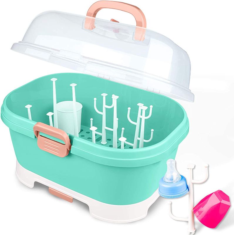 Photo 1 of  Portable Baby Bottle Drying Rack with Lid Cover - Anti-Dust Protection and Cutlery Storage - Dish Organizer with Drain Board - Easy-Carry Handle 
