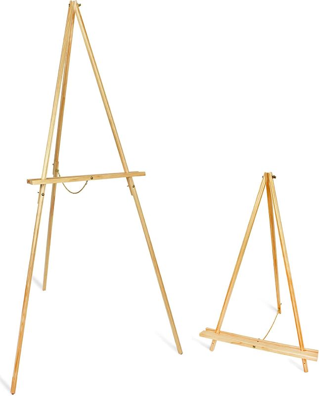 Photo 1 of Wooden Tripod Simple Display Wedding Easel Stand 2 Heights Adjustable Holds 10lb - A-Frame Tray Holder for Floor Signs, Drawing Canvas, Studio Posters, Artist Paintings (60” Wood)

