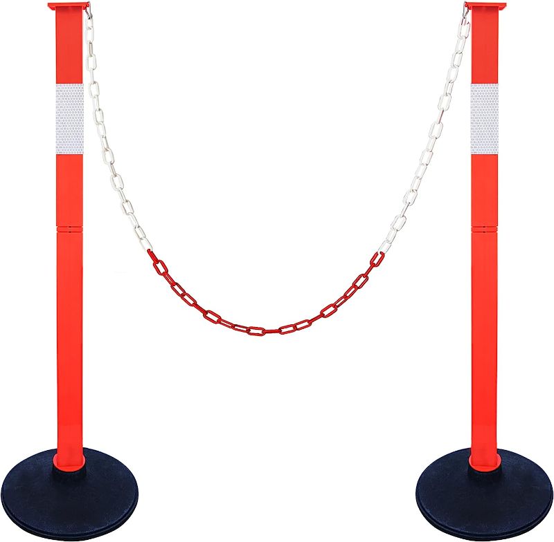 Photo 1 of [2 Pack]Adjustable Traffic Delineator Post Cones with Weighted Base & Reflective Collars, Orange Parking Pole with 4 FT Plastic Chains, Safety Barrier Stanchion Chain for Traffic Crowd Control

