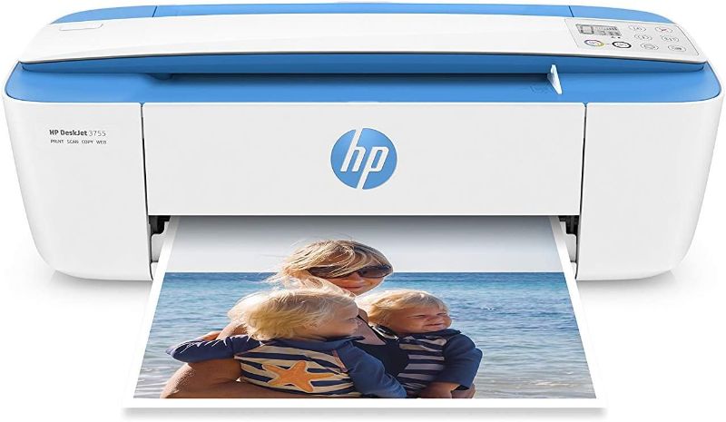 Photo 1 of HP DeskJet 3755 Compact All-in-One Wireless Printer - Blue Accent (J9V90A) and Ink-Cartridges - 4 Colors Blue Printer + Standard Ink