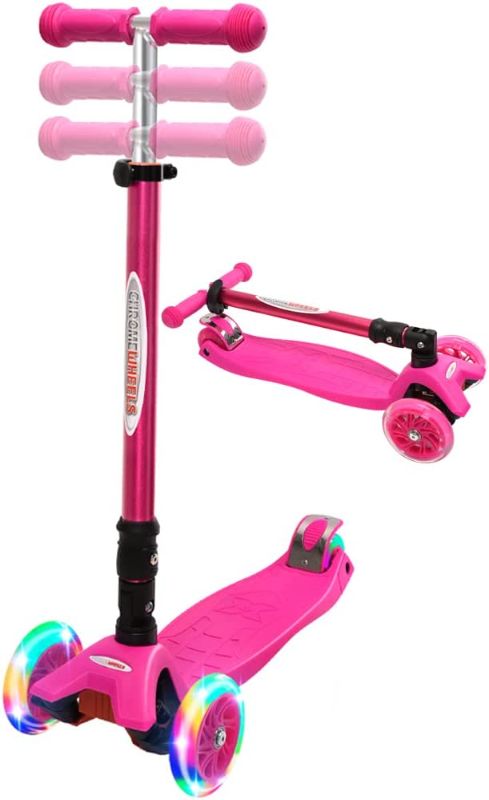 Photo 1 of ChromeWheels Scooters for Kids, Deluxe Kick Scooter Foldable 4 Adjustable Height 132lbs Weight Limit 3 Wheel, Lean to Steer LED Light Up Wheels, Best Gifts for Girls Boys Age 3-12 Year Old