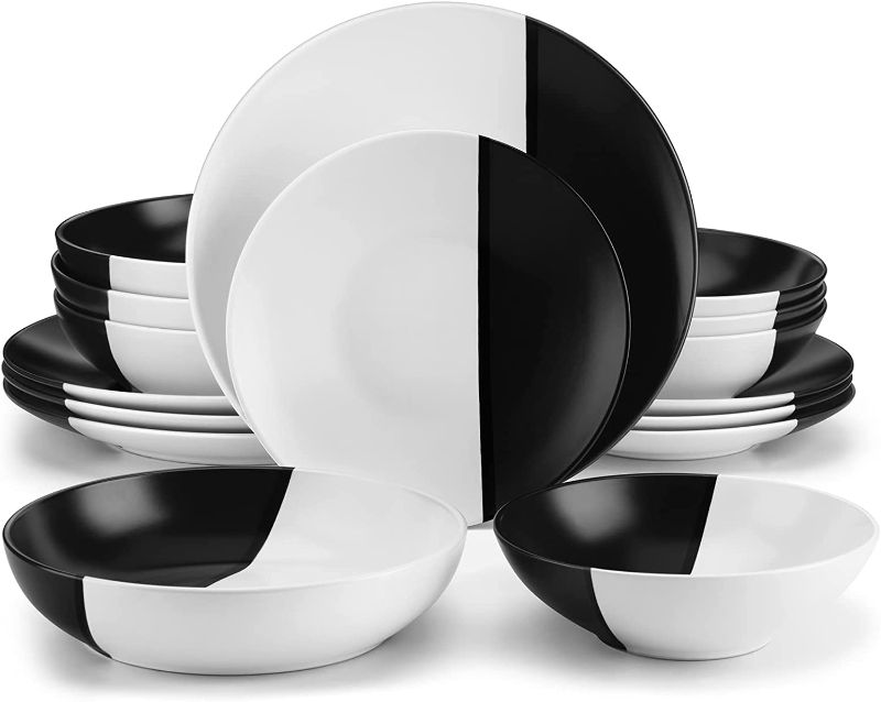 Photo 1 of vancasso ACCEL Dinnerware Set, 16-Piece Service for 4, Dinner Plates, Dessert Plates, Pasta Bowls, Cereal Bowls, Black&White