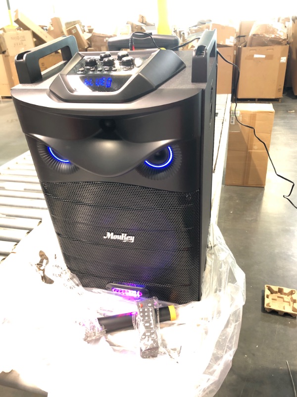 Photo 1 of Moukey Karaoke Machine, PA System with 12" Subwoofer, Portable Bluetooth Speaker with 2 Wireless Microphones, Party Lights and Echo/Treble/Bass Adjustment, Supports TWS/REC/AUX IN/MP3/USB/TF/FM