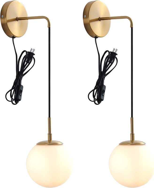 Photo 1 of Bektas Plug in Wall Sconces Set of Two, Mid Century Modern Hanging Globe Wall Sconce Light, Gold Modern Wall Lamp Adjustable Cord with Milky White Glass Globe for Bedroom Sconces Wall Lighting