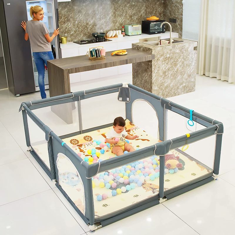 Photo 1 of Baby Playpen,Extra Large Baby Playard, Playpen for Babies with Gate, Baby Toys 0-6 to 12 Months Baby Activity Center, Sturdy Safety Playpen with Soft Mesh, Playpen for Toddlers(Gray)