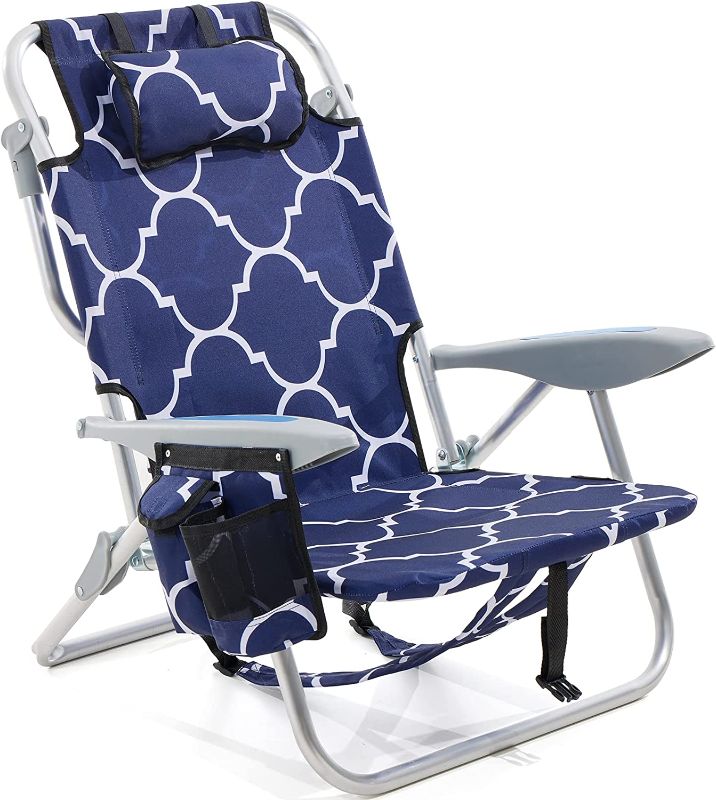 Photo 1 of Canpsky Portable Beach Chair for Adults, Outdoor Lightweight Camping Chair Lay Flat Folding Backpack Beach Reclining Chair with 4 Positions, Headrest, Cooler Pouch, Cup Holder, Navy Geometric