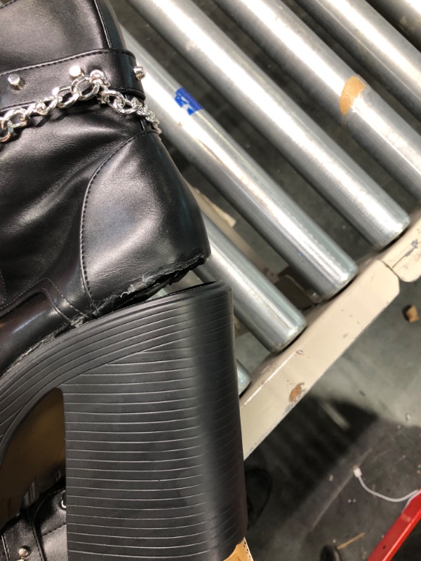 Photo 1 of 100FIXEO Women's Studded Chain Pearl Beaded Chain Platform Block High Heel Ankle Boots Side Zipper Lace Up Closed Toe Punk Comfort Thick Heel Booties 9 Black
ON LEFT SHOE HEEL IS STARTING TO RIP