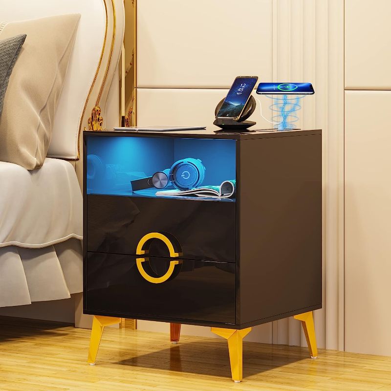 Photo 1 of Gurexl Nightstand with Human Body Sensor and Wireless Charging Station for Bedroom Furniture,Auto Sensor LED 3 Color Dimmable High Gloss Black Modern Bedside Table Night Stand with 2 Sliding Drawers