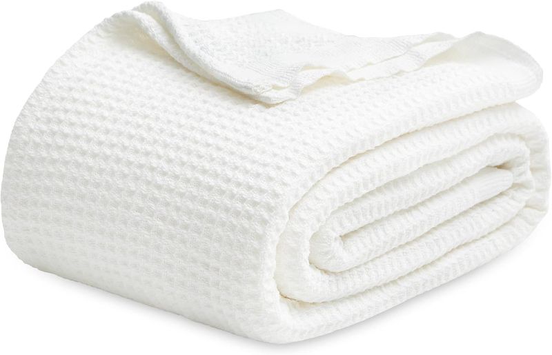 Photo 1 of Bedsure 100% Cotton Blankets Queen Size for Bed - 405GSM Waffle Weave Blankets for Summer, White Soft Lightweight Woven Blankets for All Seasons, 90x90 inches