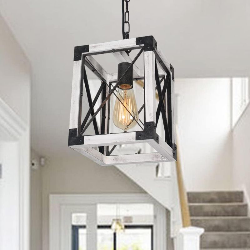 Photo 1 of Baiwaiz Wood Kitchen Island Hanging Pendant Light, 1-Light Square Modern Farmhouse Rustic Cage Lighting Small Industrial Metal Hallway Entryway Edison Light Fixture E26 148
