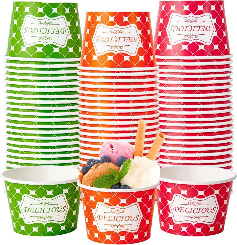 Photo 1 of 150 Pack 8oz Ice Cream Cups, Ice Cream Bowls for Cold and Hot Foods, Paper Ice Cream Bowls, Disposable Dessert Cups, Three Color Paper Ice Cream Sundaes Cups for Ice Cream, Hot Soup, Snacks, Fruits.