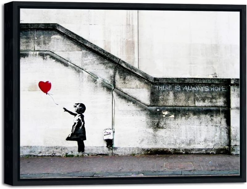 Photo 1 of Wieco Art Framed Canvas Wall Art Giclee Canvas Prints of Banksy Grafitti Girl with Red Balloon Abstract Artwork for Wall Decor Home Decorations Black Frame