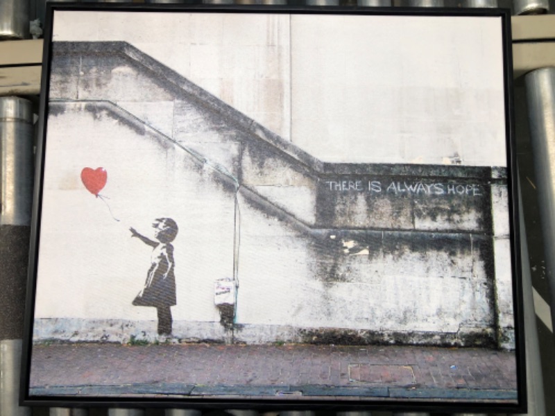 Photo 2 of Wieco Art Framed Canvas Wall Art Giclee Canvas Prints of Banksy Grafitti Girl with Red Balloon Abstract Artwork for Wall Decor Home Decorations Black Frame