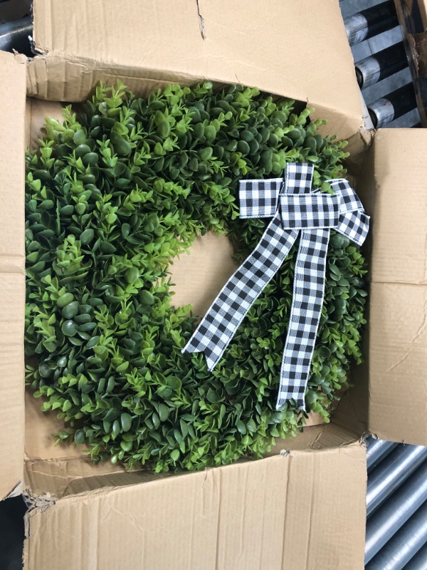 Photo 2 of 23" Faux Round Boxwood Wreath, Vlorart Artificial Boxwood Wreath Front Door Wreaths Artificial Spring Summer Greenery Hanging with A Plaid Bow for Front Door Wall Hanging Window Wedding Party Decor 23inch