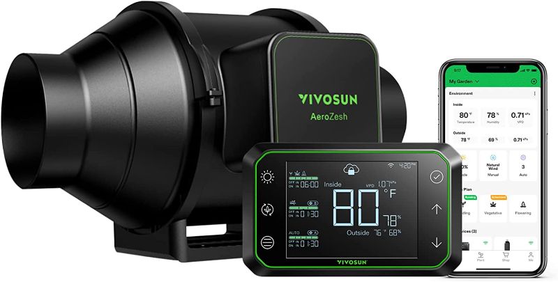 Photo 1 of VIVOSUN AeroZesh S4 Inline Duct Fan, Quiet 4’’ 208 CFM Ventilation Exhaust Fan w/EC Motor and GrowHub E42 Temperature Humidity WiFi-Controller - for Heating Cooling Booster, Grow Tents, Hydroponics S4-4''