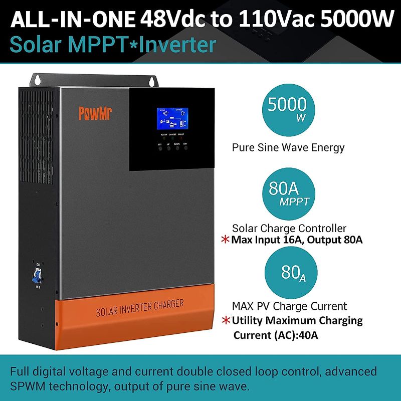 Photo 1 of 5000 Watt Solar Inverter Pure Sine Wave 48V 110V, Off-Grid 5KW Power Inverter Built in 80A MPPT Controller, 40A AC Charger, Max.PV Input 500V, Support Utility/Generator/Solar Charge