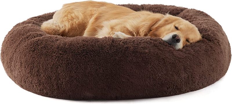 Photo 1 of Bedsure Calming Dog Bed for Extra Large Dogs - Donut Washable Large Pet Bed, Anti Anxiety Round Fluffy Plush Faux Fur Dog Bed, Fits up to 125 lbs Pets, Brown, 45 inches