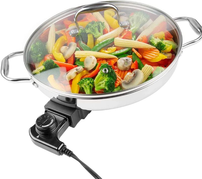 Photo 1 of Electric Skillet By Cucina Pro - 18/10 Stainless Steel Frying Pan with Tempered Glass Lid and Handles, 12" Round