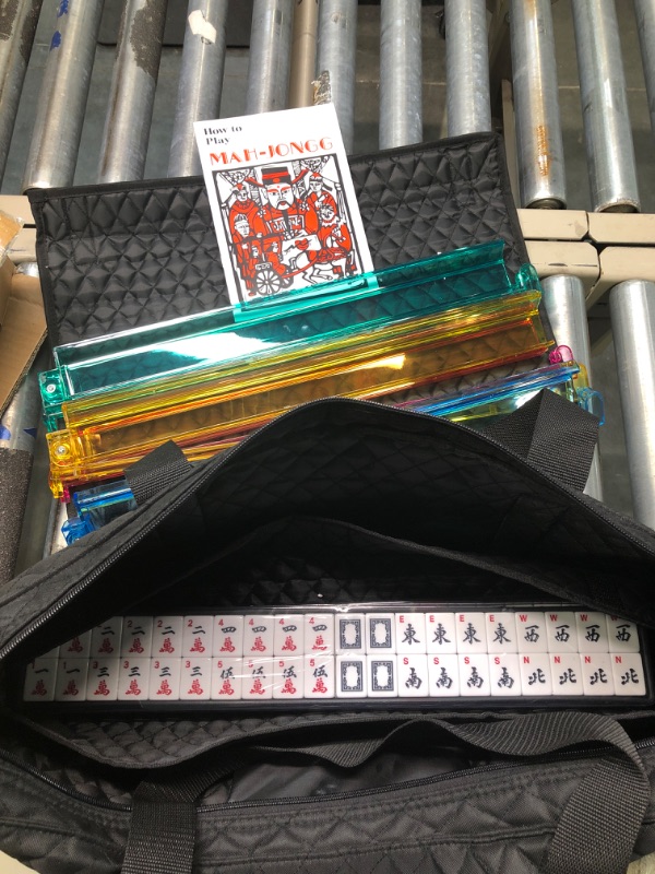 Photo 1 of American Mahjong Game Set - Black Quilted Soft Bag 166 Premium Tiles with 4 All-in-One Rack/Pushers,100 Chips, Wind Indicator, English Manual. Easy Carry Full Size Complete Western MahJongg Set